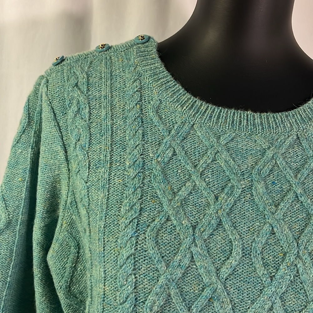 NWOT Appleseed’s Teal Confetti Knit Wool Cable Knit Crew Neck Sweater - Picture 6 of 16